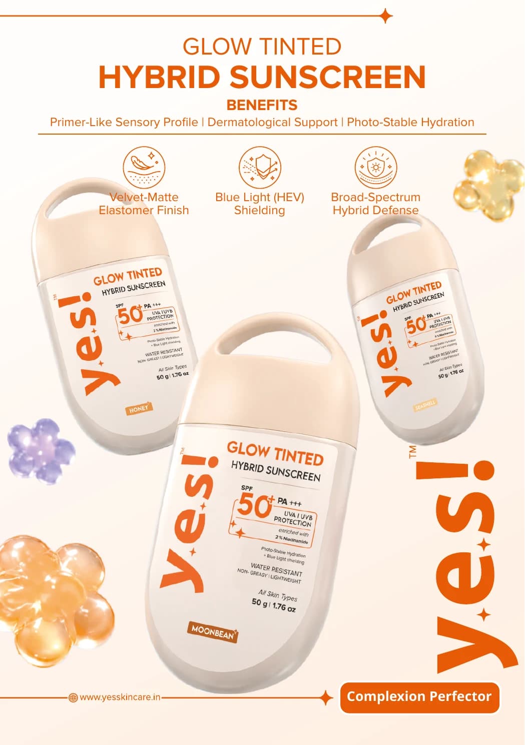 YES Skincare Glow Tinted Hybrid Sunscreen range