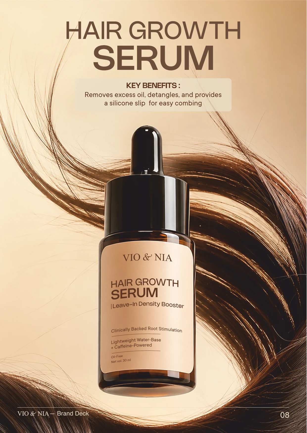 VIO & NIA Hair Growth Serum in amber packaging