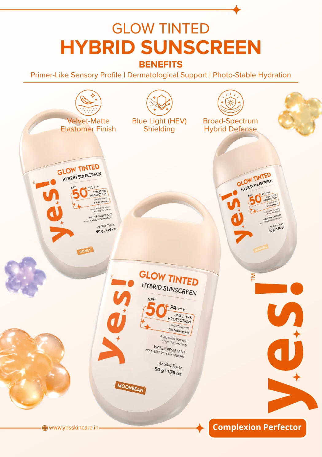 YES Skincare Glow Tinted Hybrid Sunscreen range