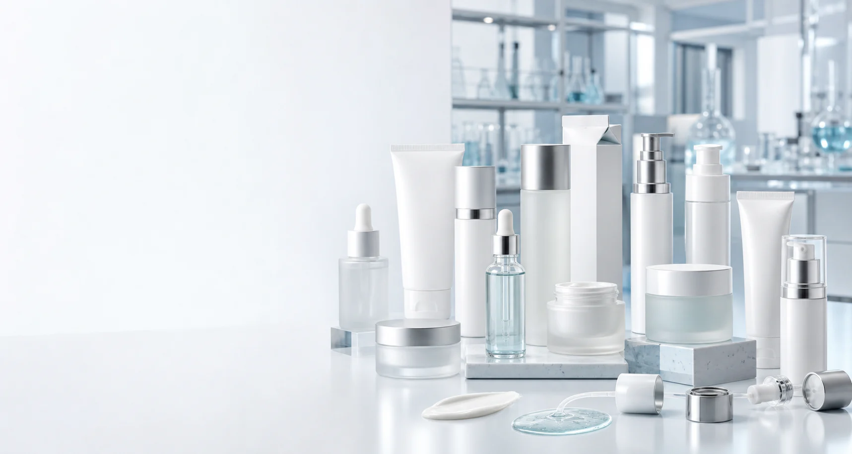 Unbranded cosmetic bottles, jars, tubes, pumps and cartons arranged in a clinical formulation studio